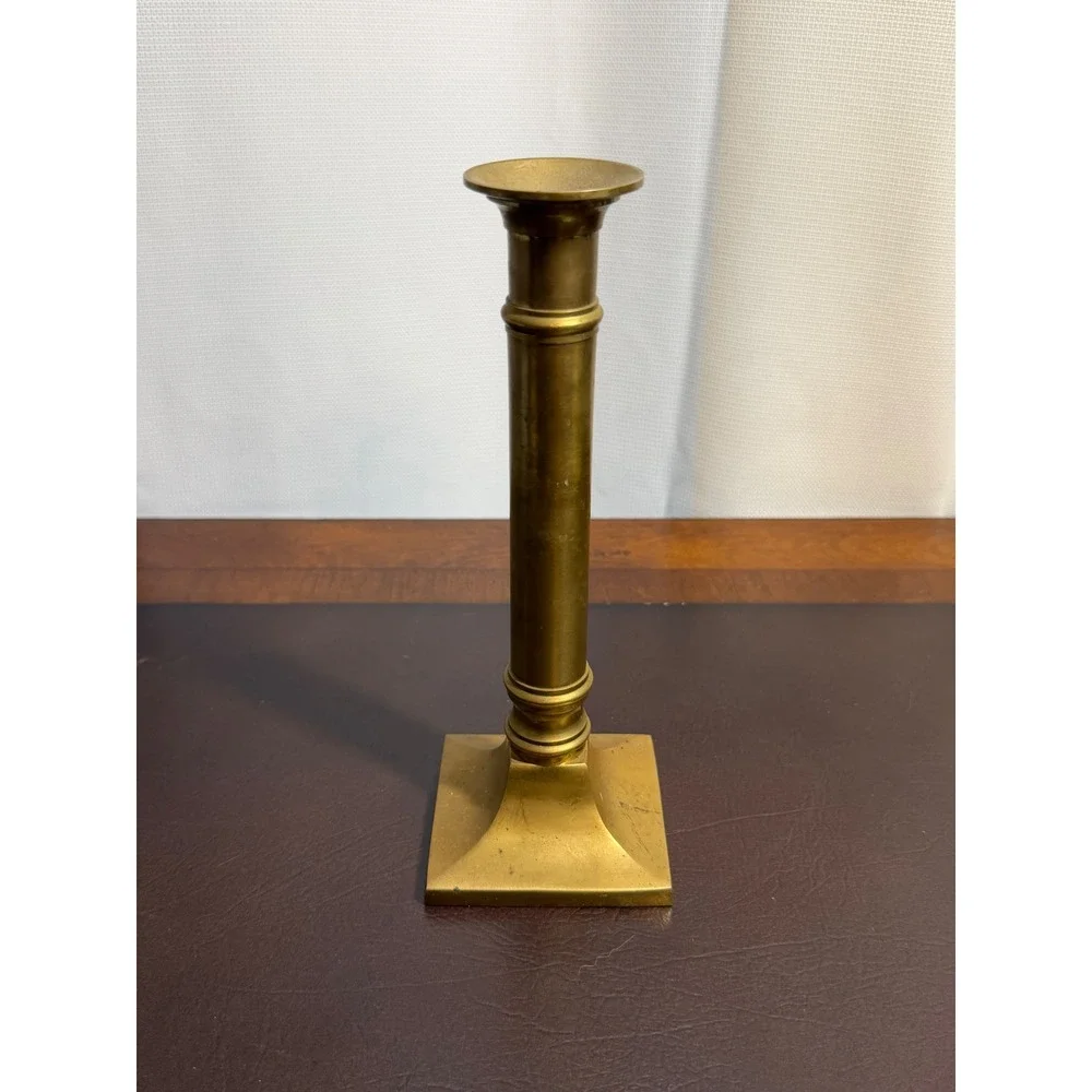 Vintage Solid Brass Column Candlestick Holder Square Base Traditional Gold Tone